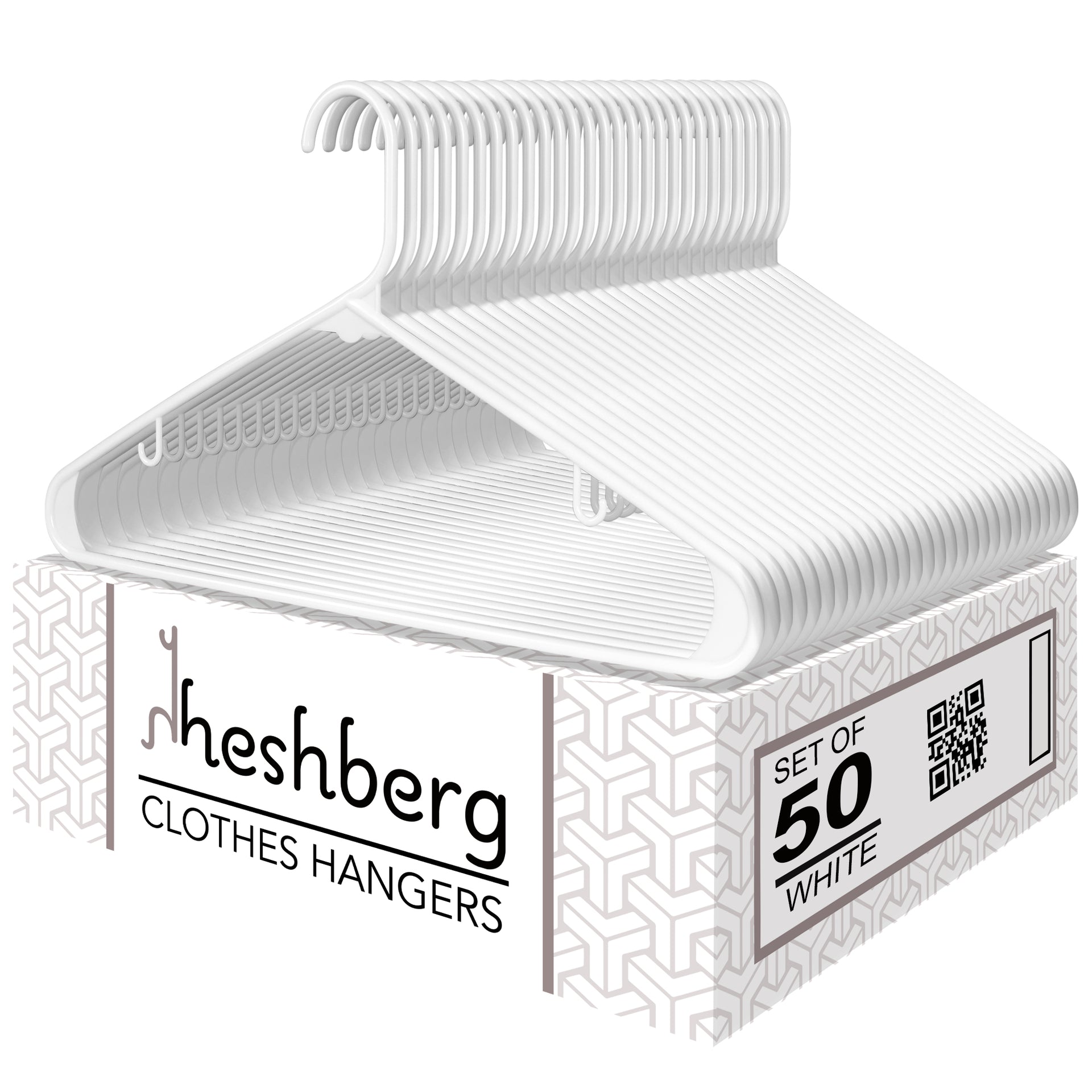 Heshberg Plastic Hangers with Hooks Standard Size 50 Pack, White
